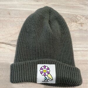 Dark Gray Knit Beanie with Floral Patch
